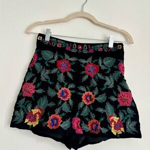Zara Black Floral Embroidered High Waist Shorts
